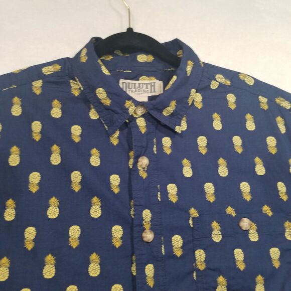 Duluth Trading Shirt Mens Large Blue Button Up Tiki Luau Hula Pineapple Preppy - Picture 4 of 8